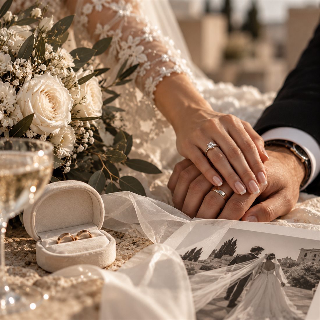 A bride and groom's hands with their rings, beside the bouquet and ring box